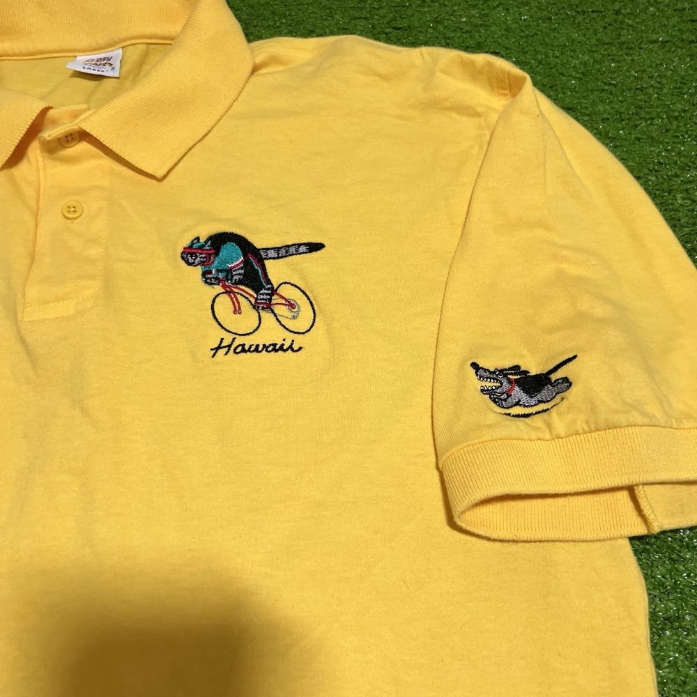 Crazy Shirts‎ Hawaii Polo XL Yellow Biking Cat Dog 90s Funny Bright Embroidered